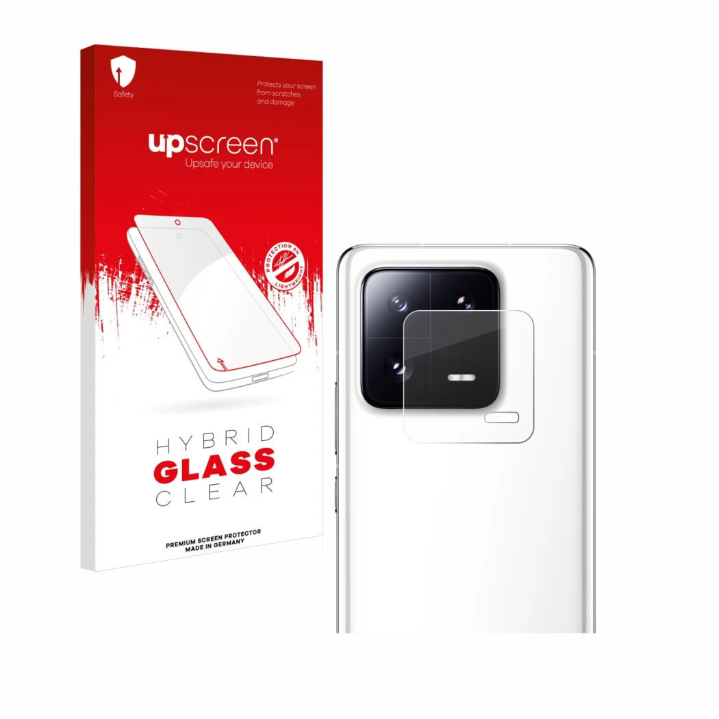 Parte frontal de un envase de producto con el logotipo de la marca upscreen. Al lado se muestra el dispositivo Xiaomi 13 Pro (