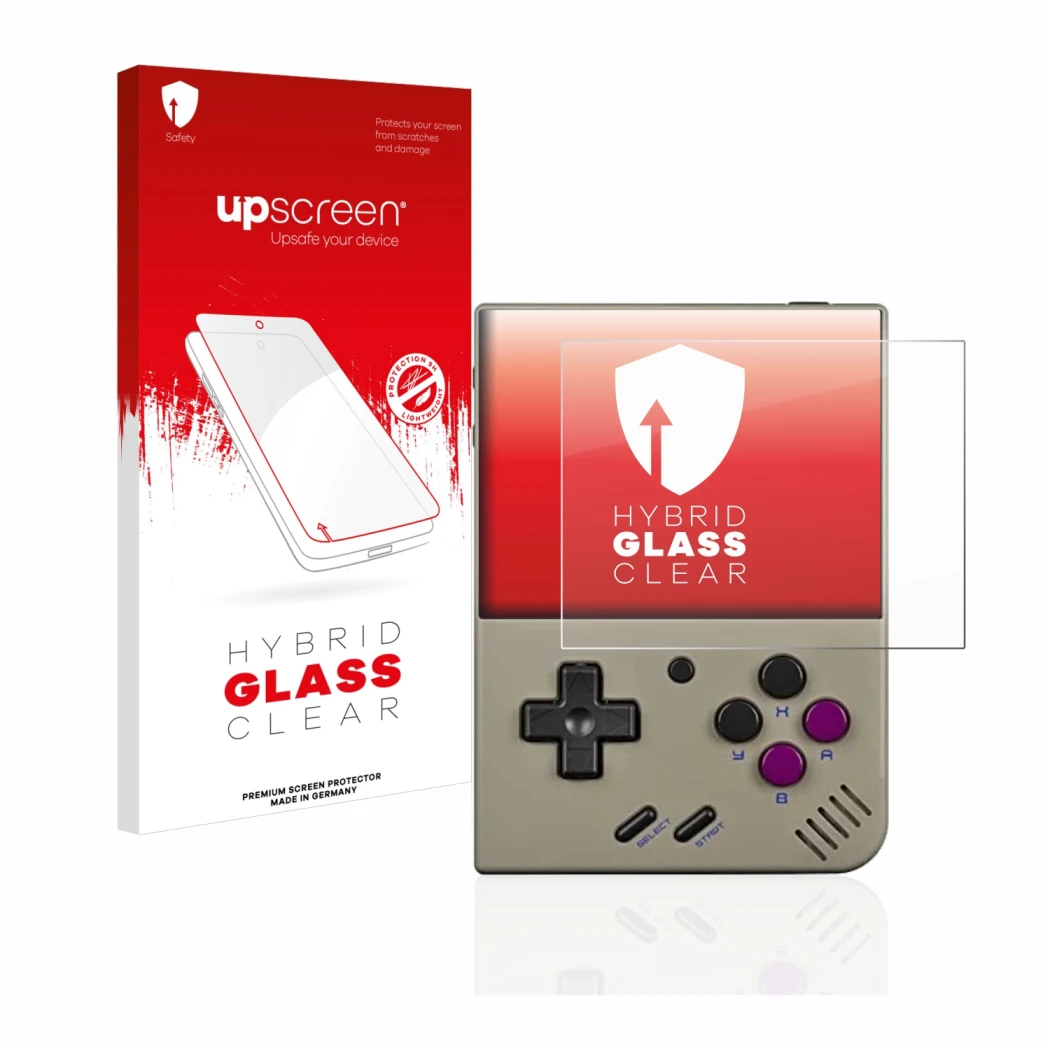 Parte frontal de un envase de producto con el logotipo de la marca upscreen. Al lado se muestra el dispositivo Miyoo Mini Plus