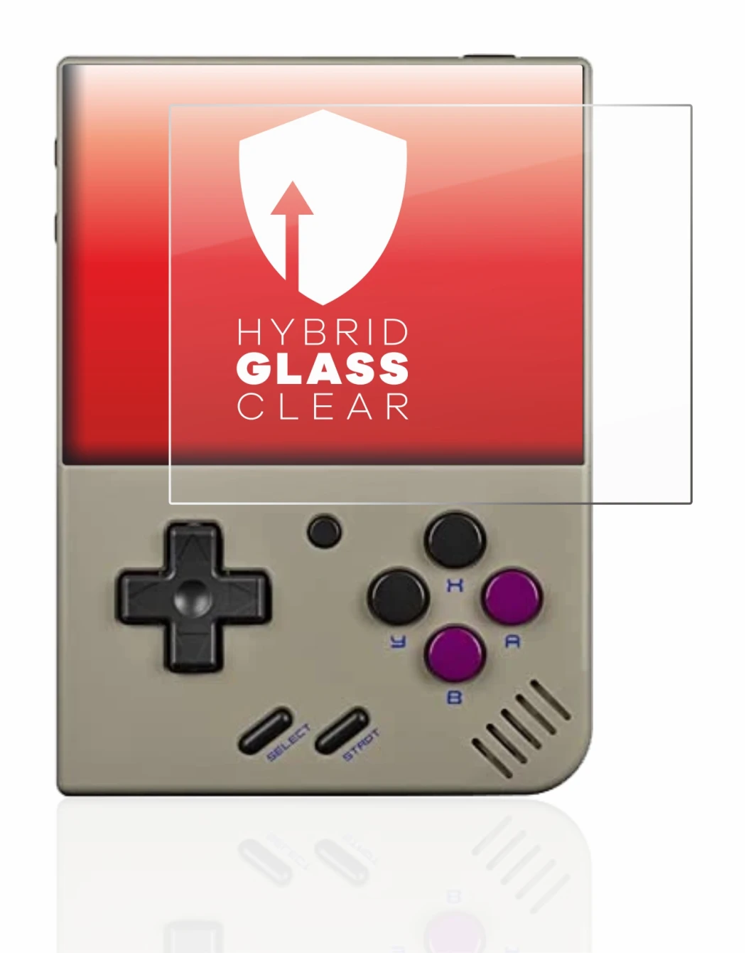 Imagen del dispositivo Miyoo Mini Plus con una amplia variedad de protectores de pantalla.