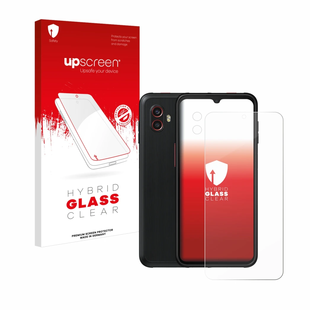 Parte frontal de un envase de producto con el logotipo de la marca upscreen. Al lado se muestra el dispositivo Samsung Galaxy 