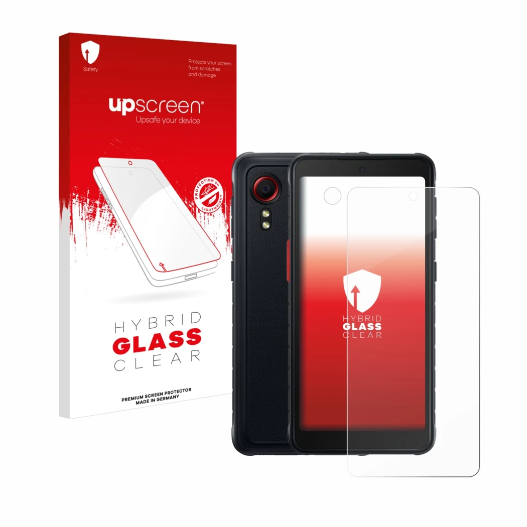 Parte frontal de un envase de producto con el logotipo de la marca upscreen. Al lado se muestra el dispositivo Samsung Galaxy 