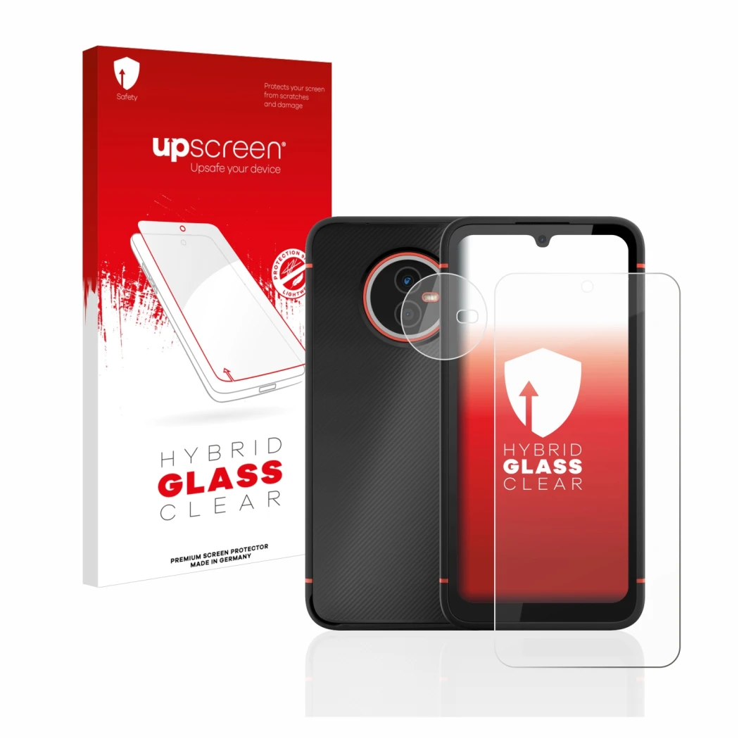 Parte frontal de un envase de producto con el logotipo de la marca upscreen. Al lado se muestra el dispositivo Gigaset GX4 (Fr