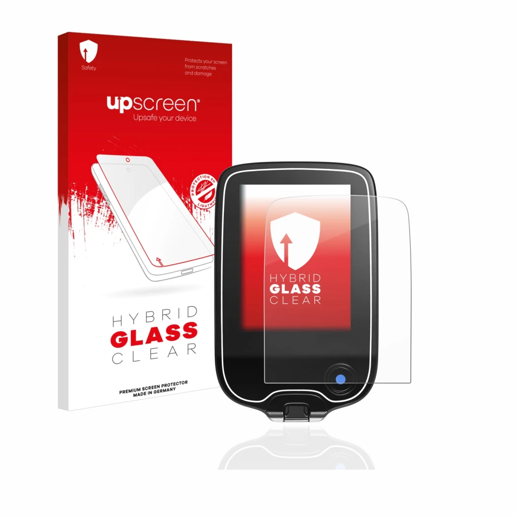 Parte frontal de un envase de producto con el logotipo de la marca upscreen. Al lado se muestra el dispositivo Freestyle Libre