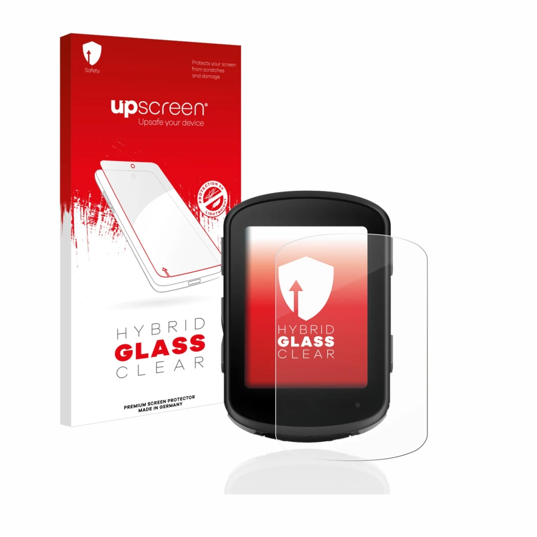 Parte frontal de un envase de producto con el logotipo de la marca upscreen. Al lado se muestra el dispositivo Garmin Edge 540