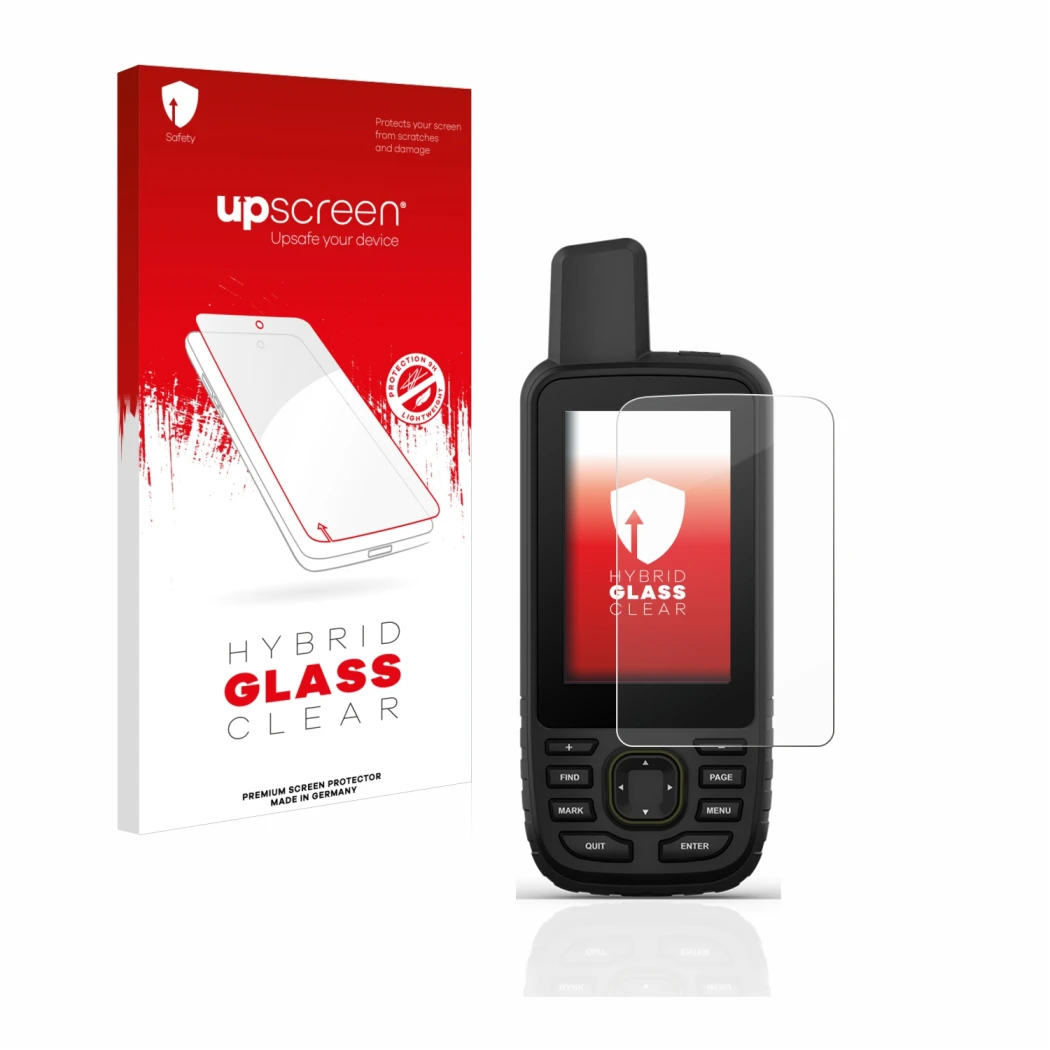Parte frontal de un envase de producto con el logotipo de la marca upscreen. Al lado se muestra el dispositivo Garmin GPSMAP 6