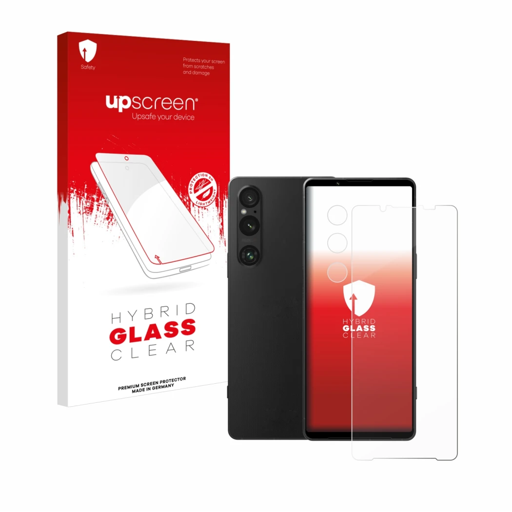 Parte frontal de un envase de producto con el logotipo de la marca upscreen. Al lado se muestra el dispositivo Sony Xperia 1 V