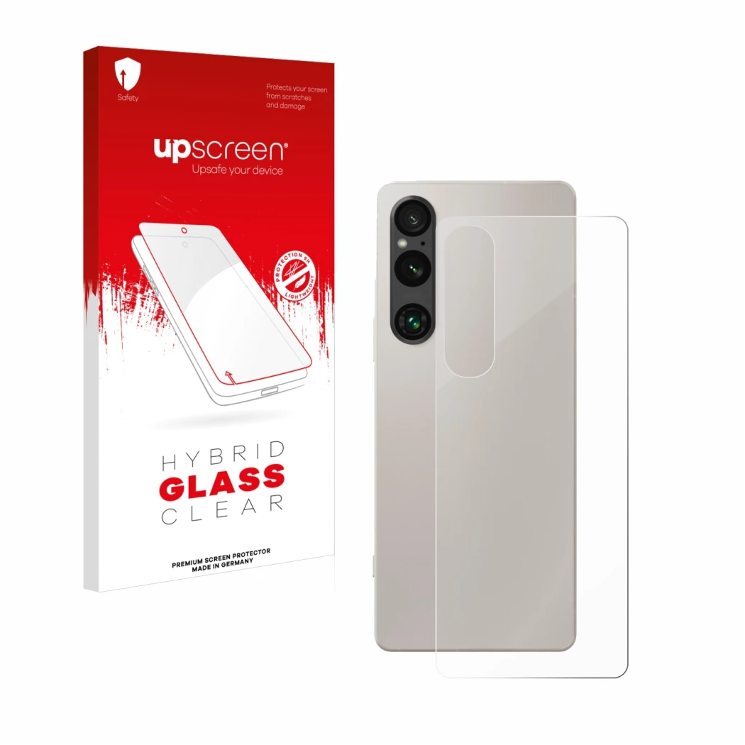 Parte frontal de un envase de producto con el logotipo de la marca upscreen. Al lado se muestra el dispositivo Sony Xperia 1 V