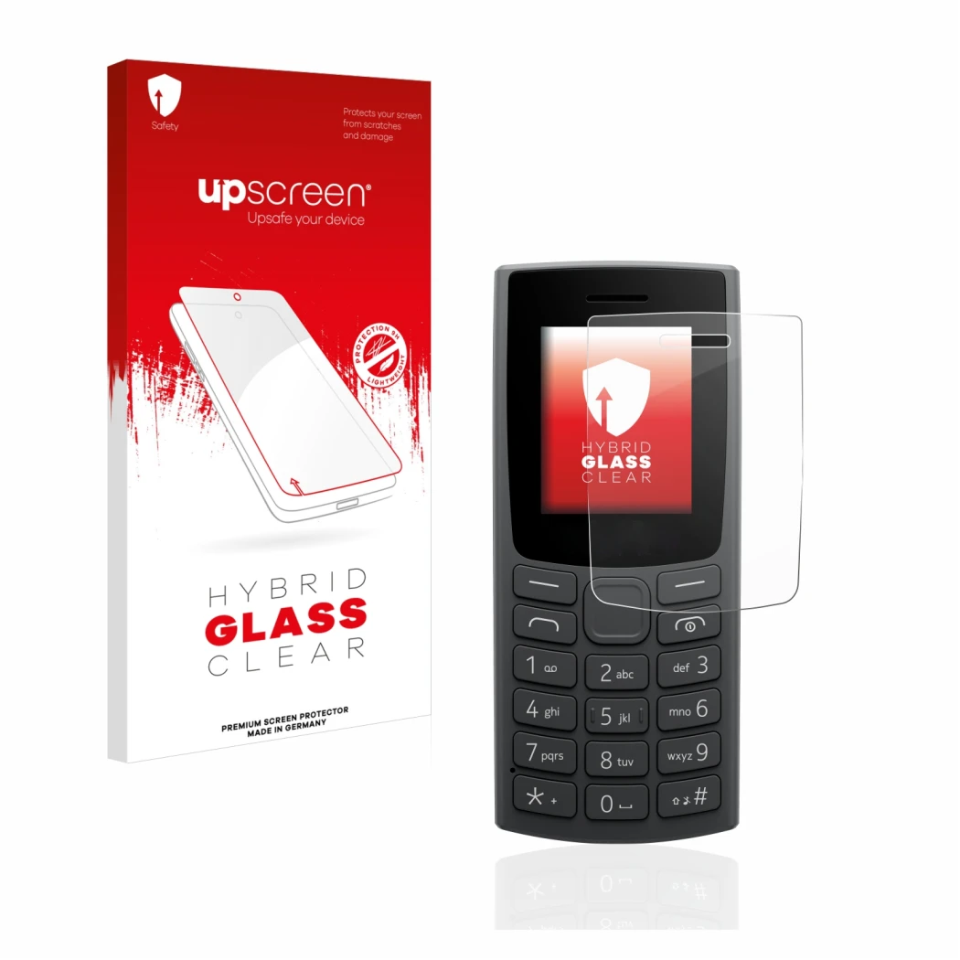 Parte frontal de un envase de producto con el logotipo de la marca upscreen. Al lado se muestra el dispositivo Nokia 105 (2023
