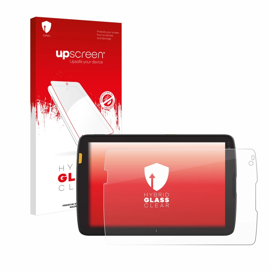 Parte frontal de un envase de producto con el logotipo de la marca upscreen. Al lado se muestra el dispositivo Zebra ET40 8