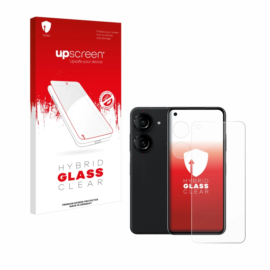Parte frontal de un envase de producto con el logotipo de la marca upscreen. Al lado se muestra el dispositivo ASUS ZenFone 10