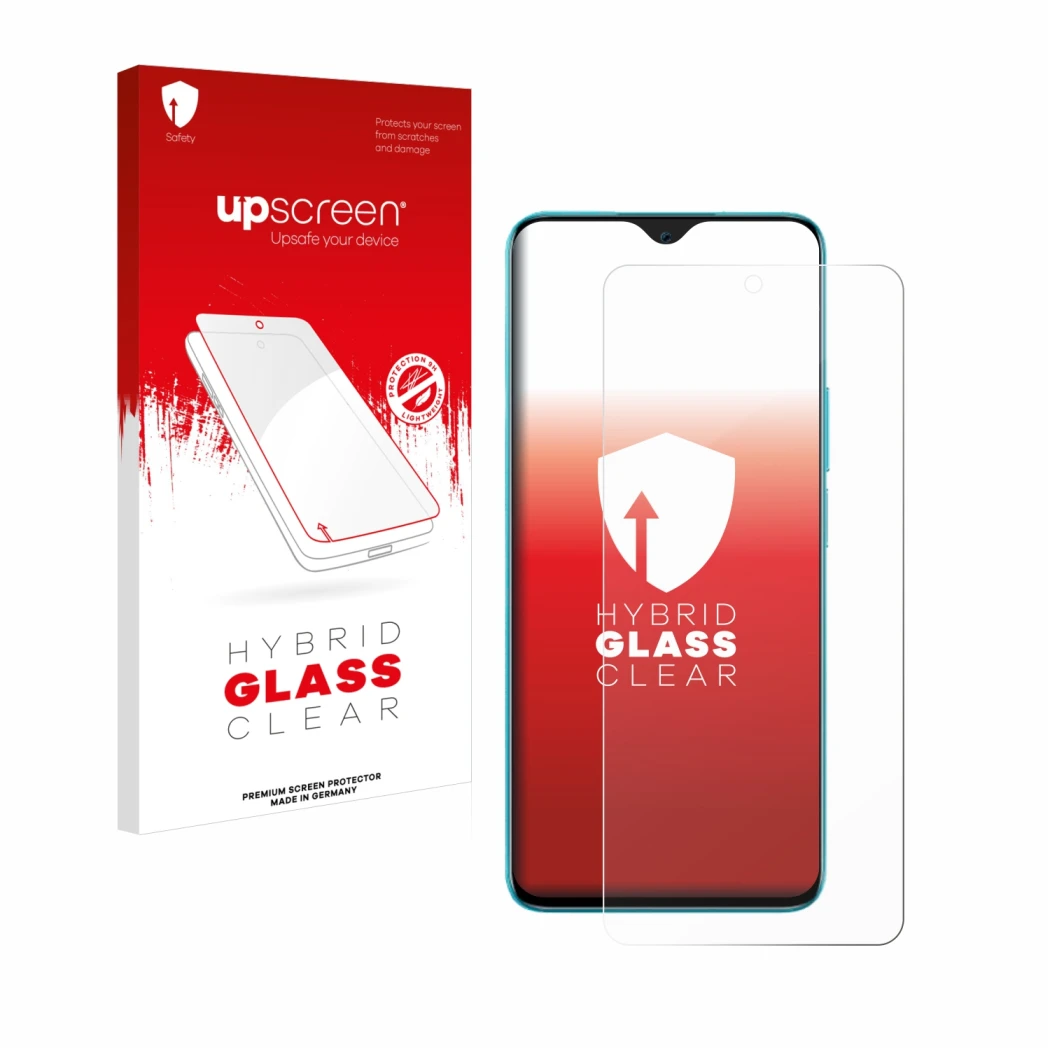 Parte frontal de un envase de producto con el logotipo de la marca upscreen. Al lado se muestra el dispositivo Honor 90 Lite c