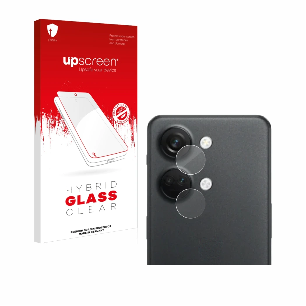Parte frontal de un envase de producto con el logotipo de la marca upscreen. Al lado se muestra el dispositivo OnePlus Nord 3 