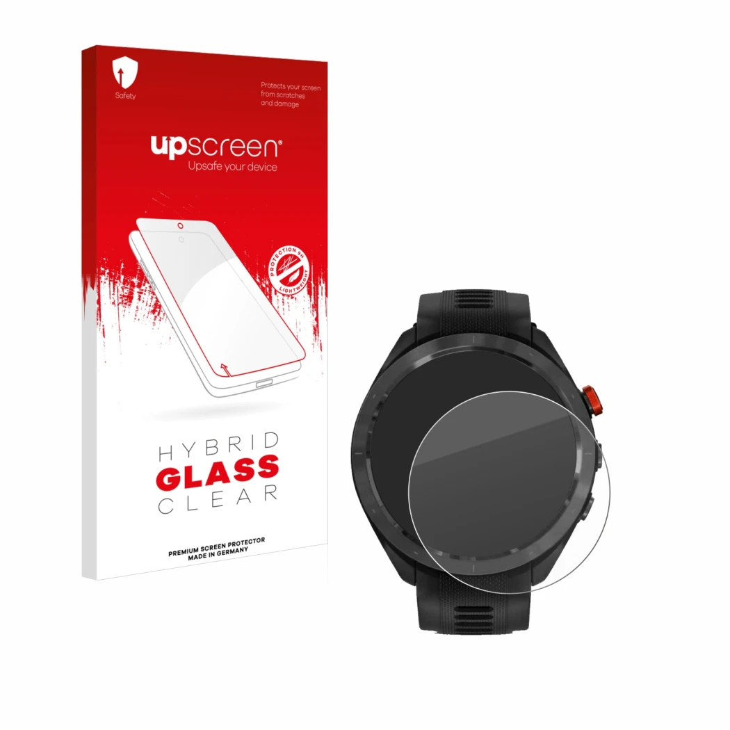 Parte frontal de un envase de producto con el logotipo de la marca upscreen. Al lado se muestra el dispositivo Garmin Approach