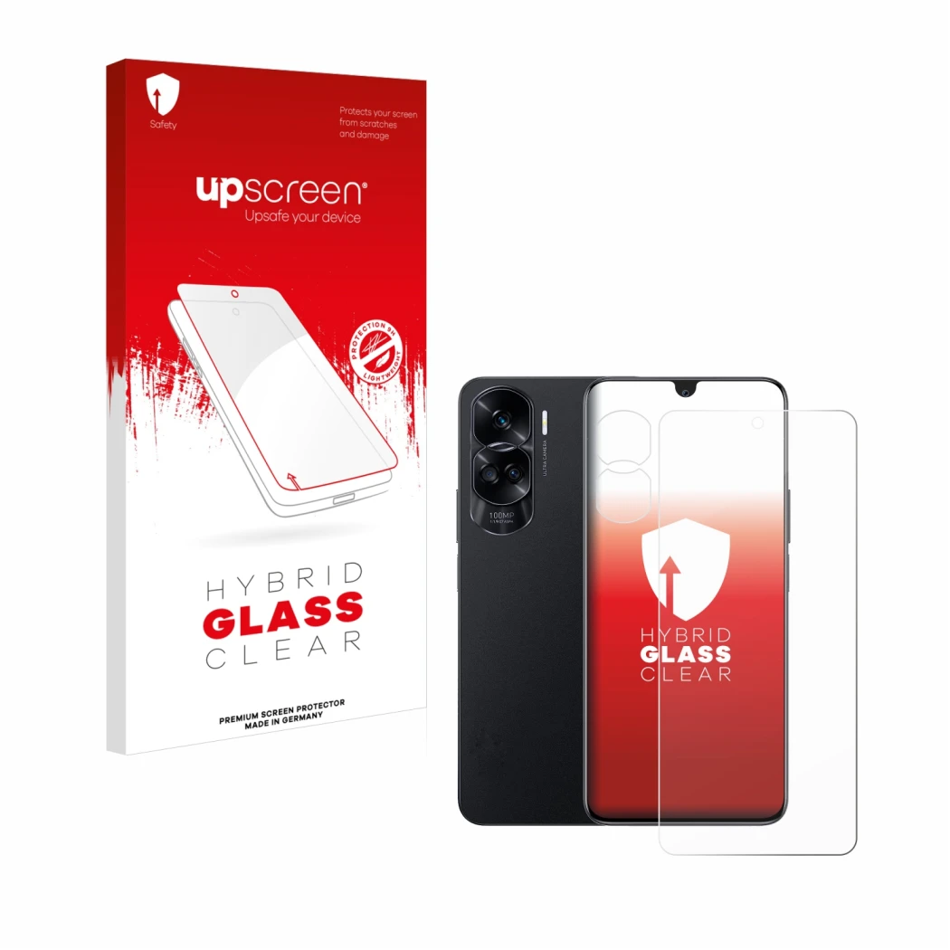 Parte frontal de un envase de producto con el logotipo de la marca upscreen. Al lado se muestra el dispositivo Honor 90 Lite (