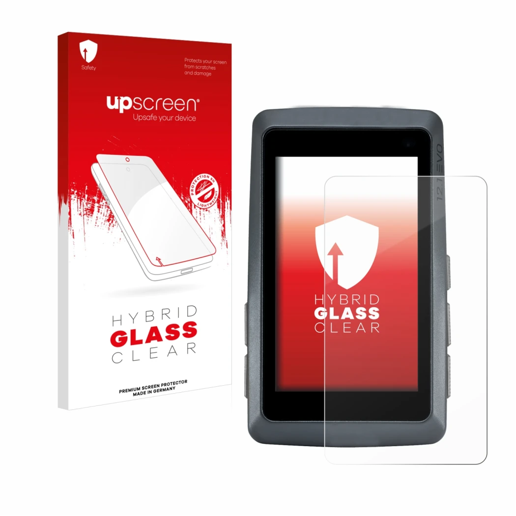 Parte frontal de un envase de producto con el logotipo de la marca upscreen. Al lado se muestra el dispositivo Sigma ROX 12.1