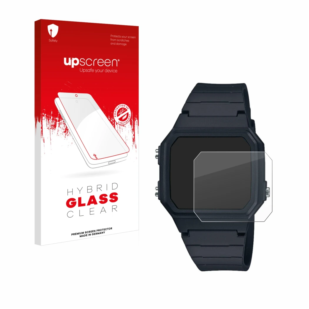 Parte frontal de un envase de producto con el logotipo de la marca upscreen. Al lado se muestra el dispositivo Casio W-217H-1A