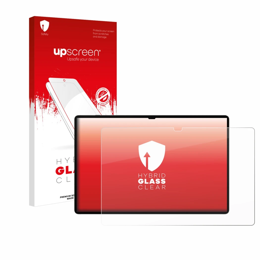 Parte frontal de un envase de producto con el logotipo de la marca upscreen. Al lado se muestra el dispositivo Samsung Galaxy