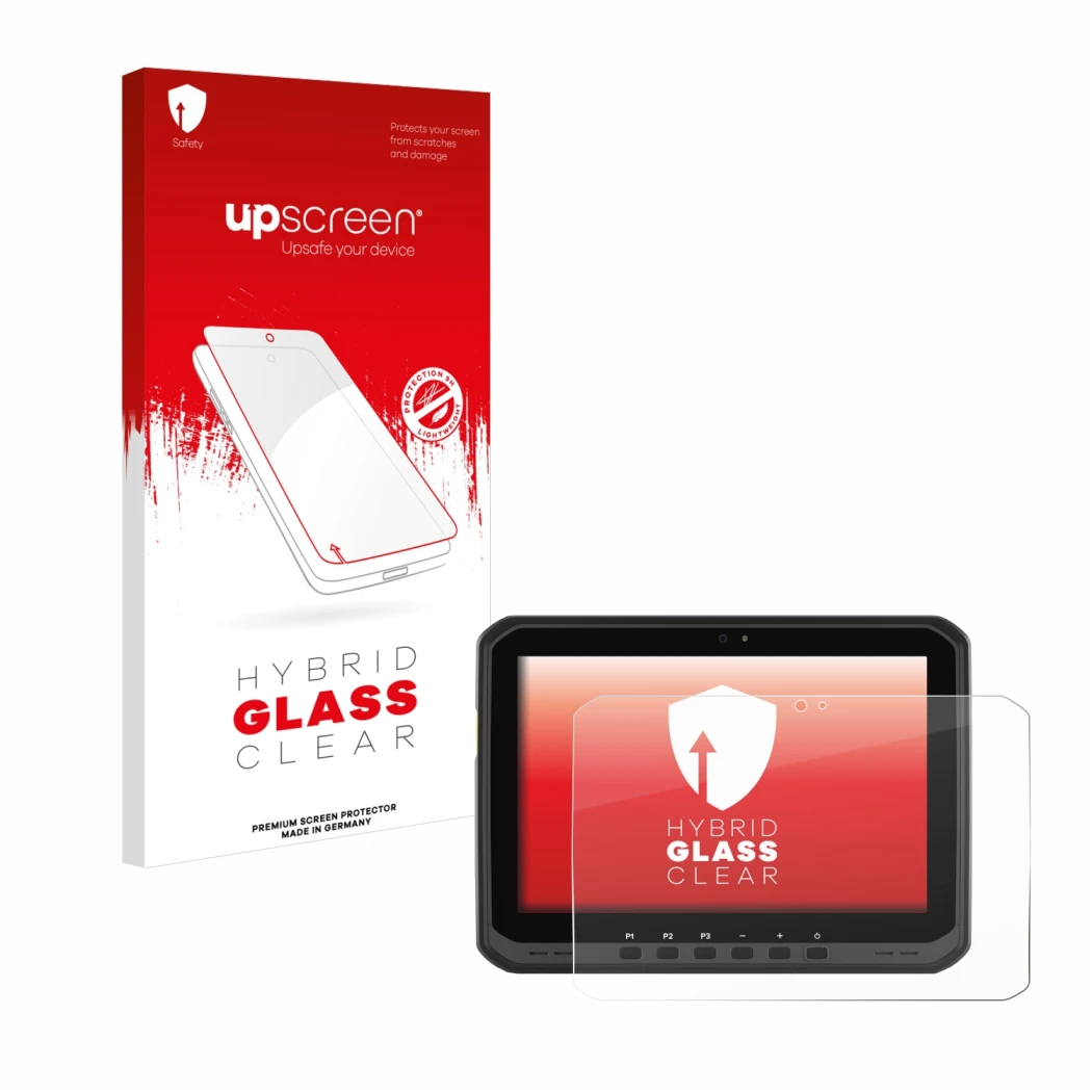 Parte frontal de un envase de producto con el logotipo de la marca upscreen. Al lado se muestra el dispositivo Zebra ET60 con