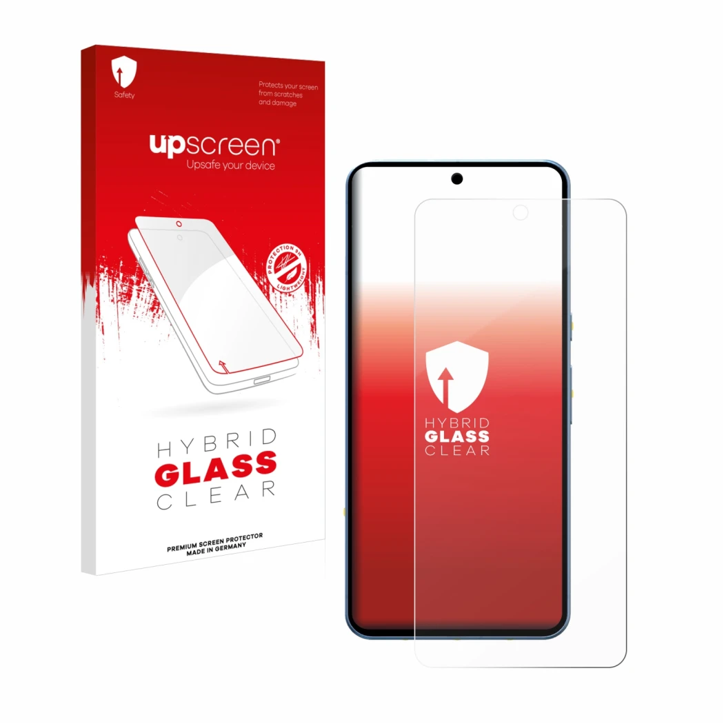 Parte frontal de un envase de producto con el logotipo de la marca upscreen. Al lado se muestra el dispositivo Google Pixel 8 