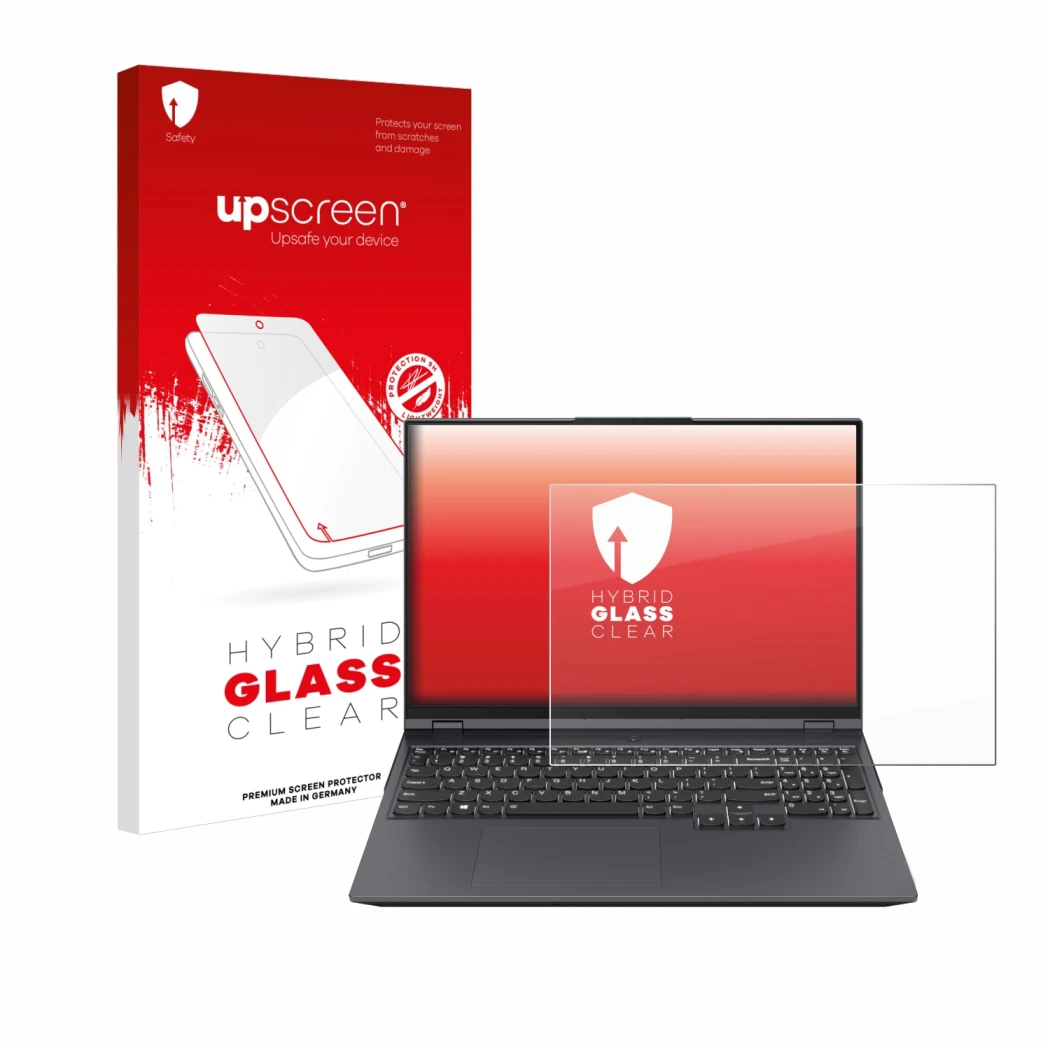 Parte frontal de un envase de producto con el logotipo de la marca upscreen. Al lado se muestra el dispositivo Lenovo Legion P