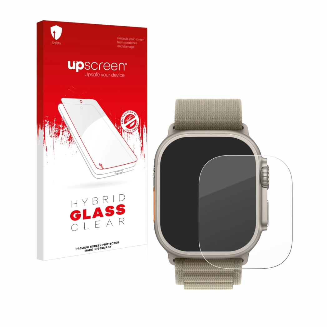 Parte frontal de un envase de producto con el logotipo de la marca upscreen. Al lado se muestra el dispositivo Apple Watch Ult