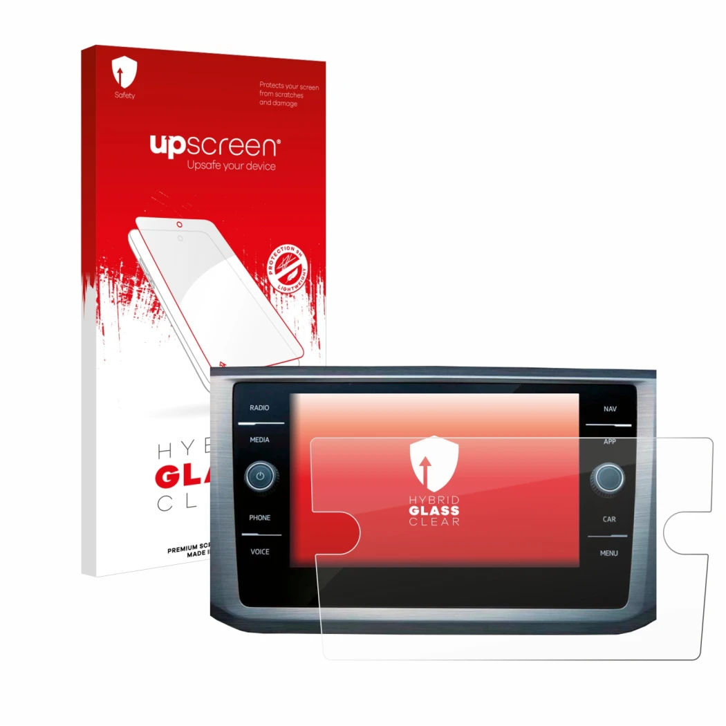 Parte frontal de un envase de producto con el logotipo de la marca upscreen. Al lado se muestra el dispositivo Volkswagen Pass