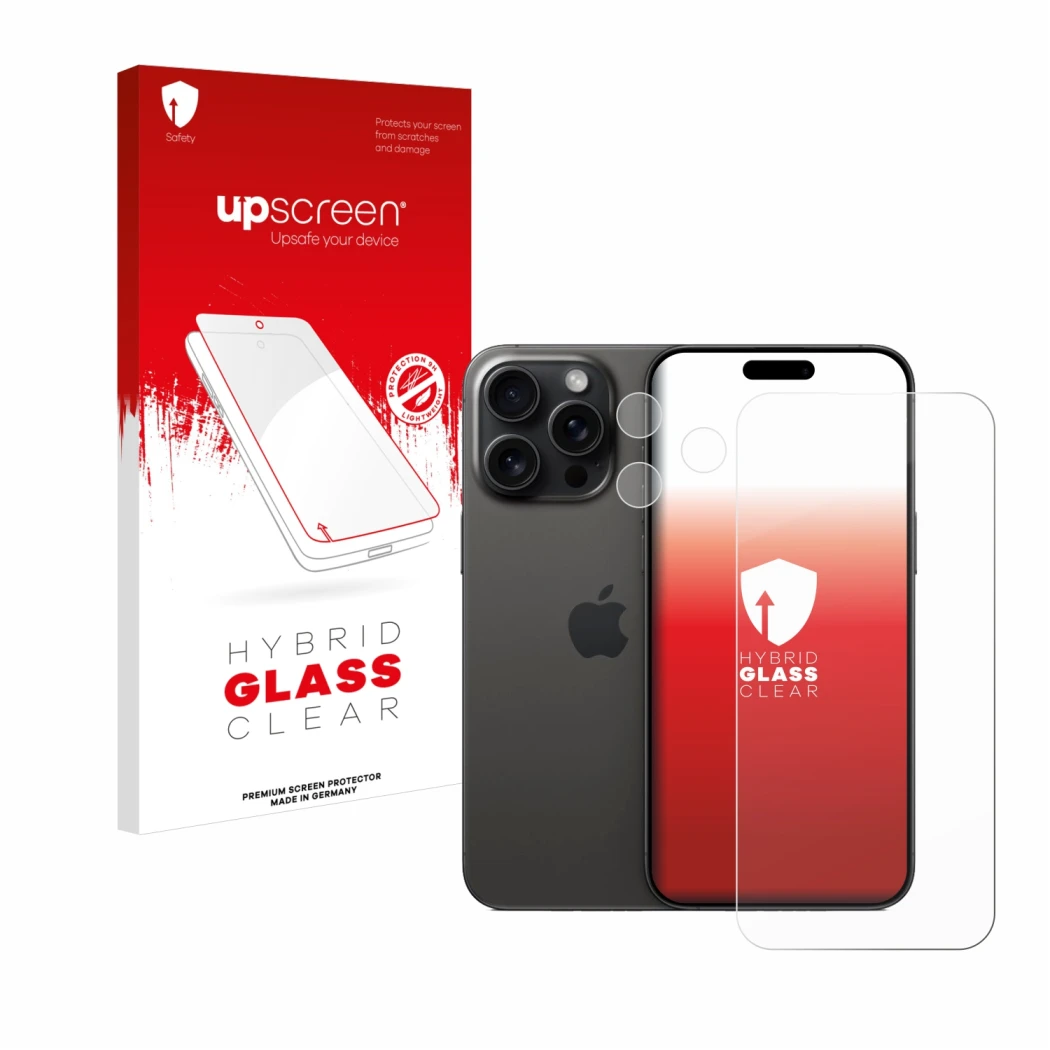 Parte frontal de un envase de producto con el logotipo de la marca upscreen. Al lado se muestra el dispositivo Apple iPhone 15