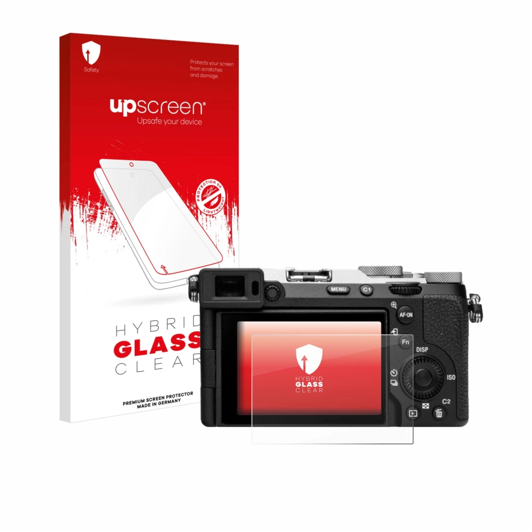 Parte frontal de un envase de producto con el logotipo de la marca upscreen. Al lado se muestra el dispositivo Sony Alpha 7C I