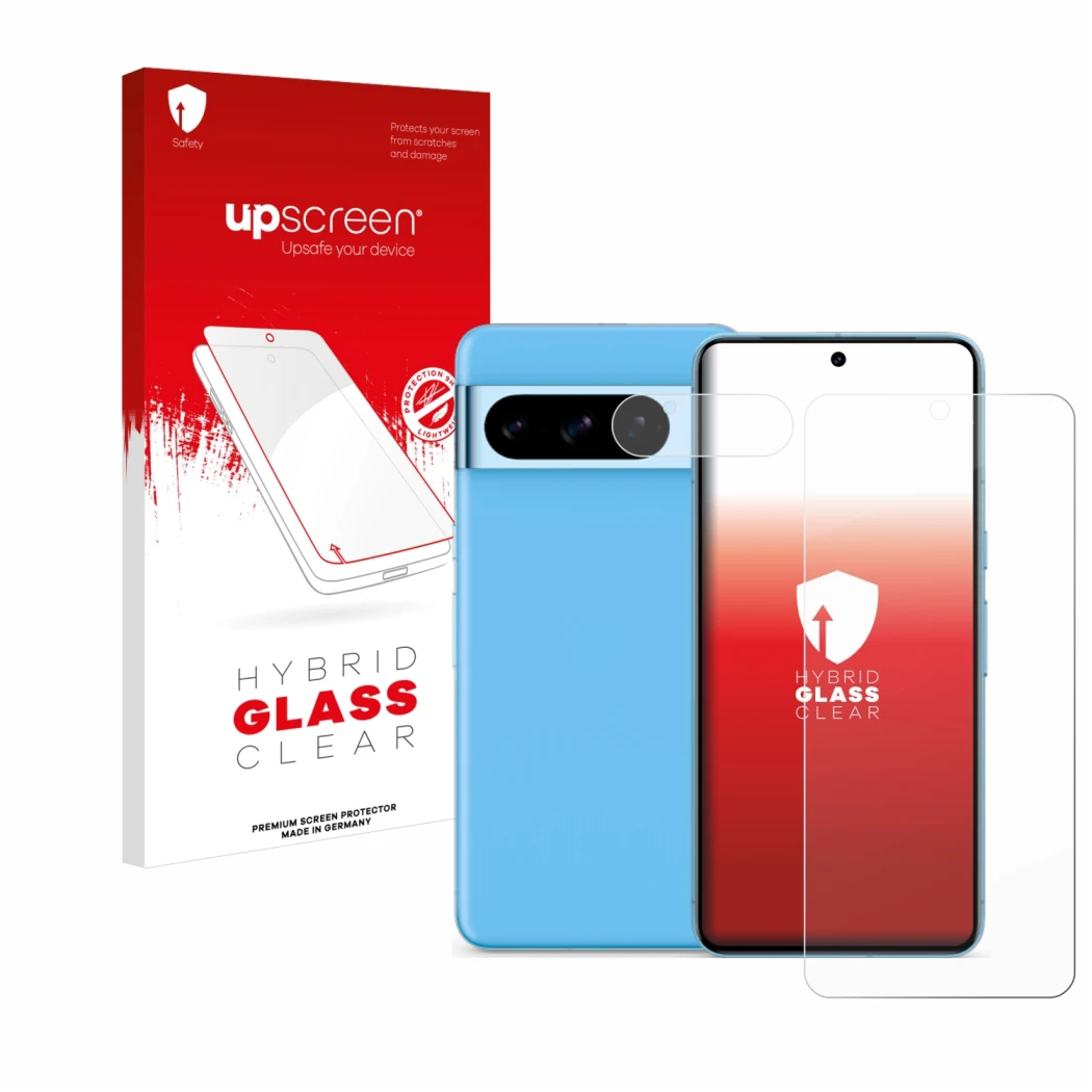 Parte frontal de un envase de producto con el logotipo de la marca upscreen. Al lado se muestra el dispositivo Google Pixel 8