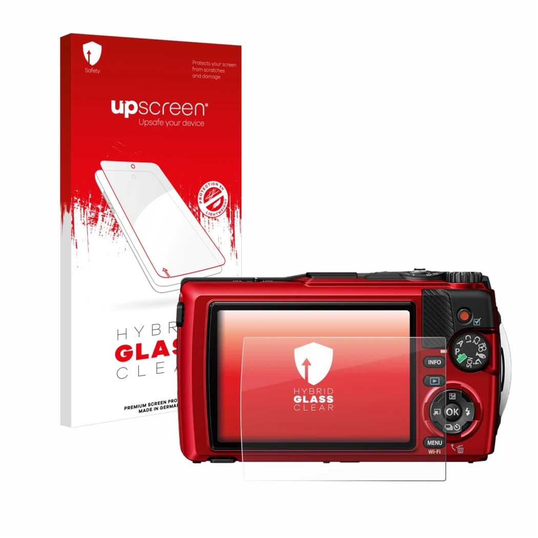 Parte frontal de un envase de producto con el logotipo de la marca upscreen. Al lado se muestra el dispositivo Olympus OM Syst