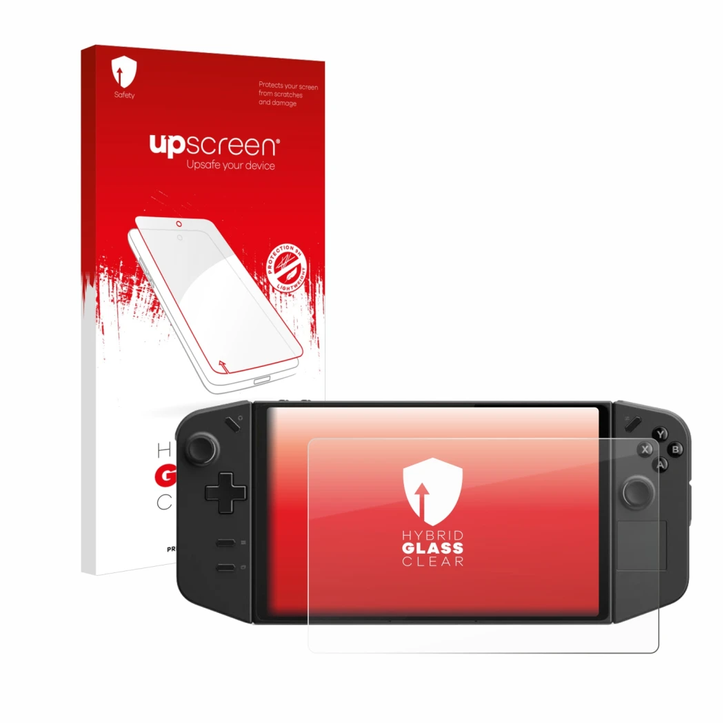 Parte frontal de un envase de producto con el logotipo de la marca upscreen. Al lado se muestra el dispositivo Lenovo Legion G