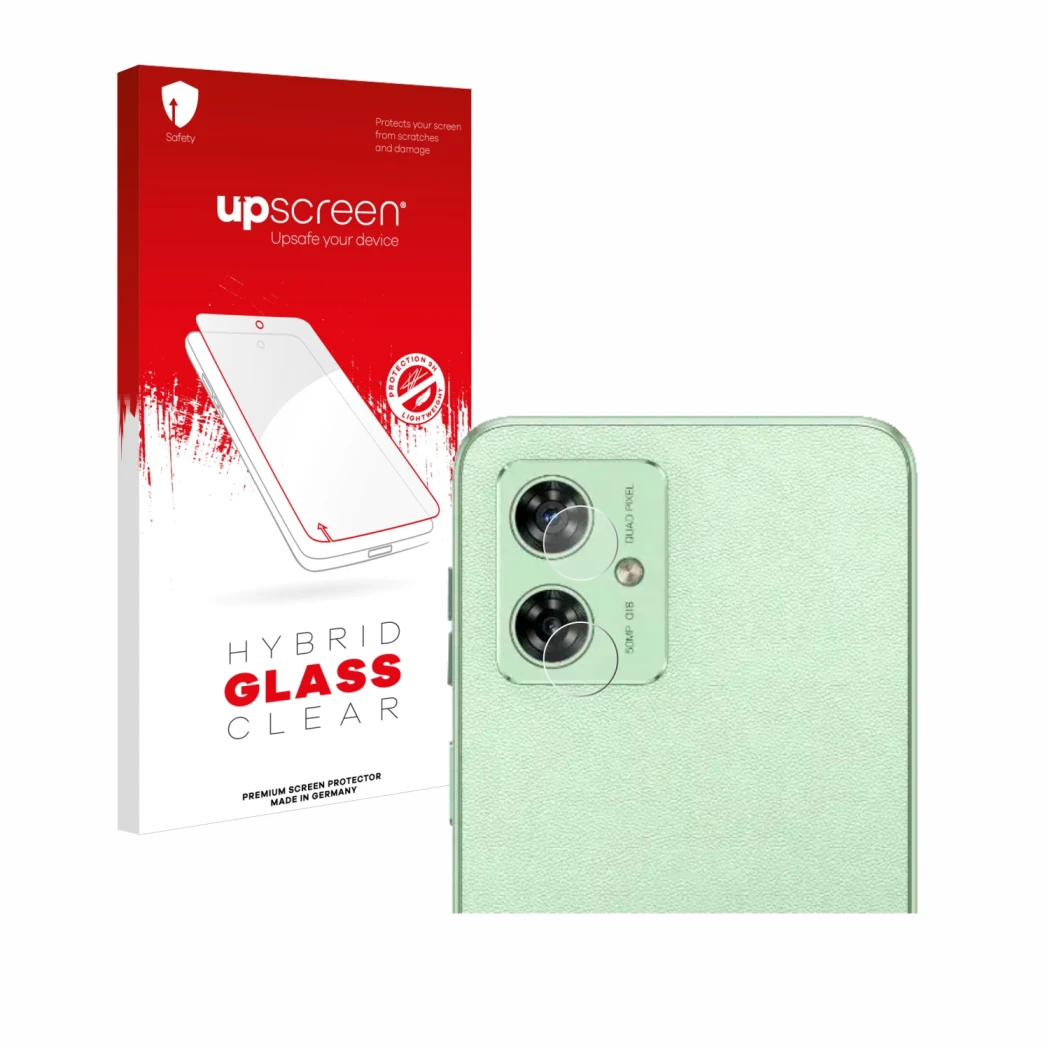 Parte frontal de un envase de producto con el logotipo de la marca upscreen. Al lado se muestra el dispositivo Motorola Moto G