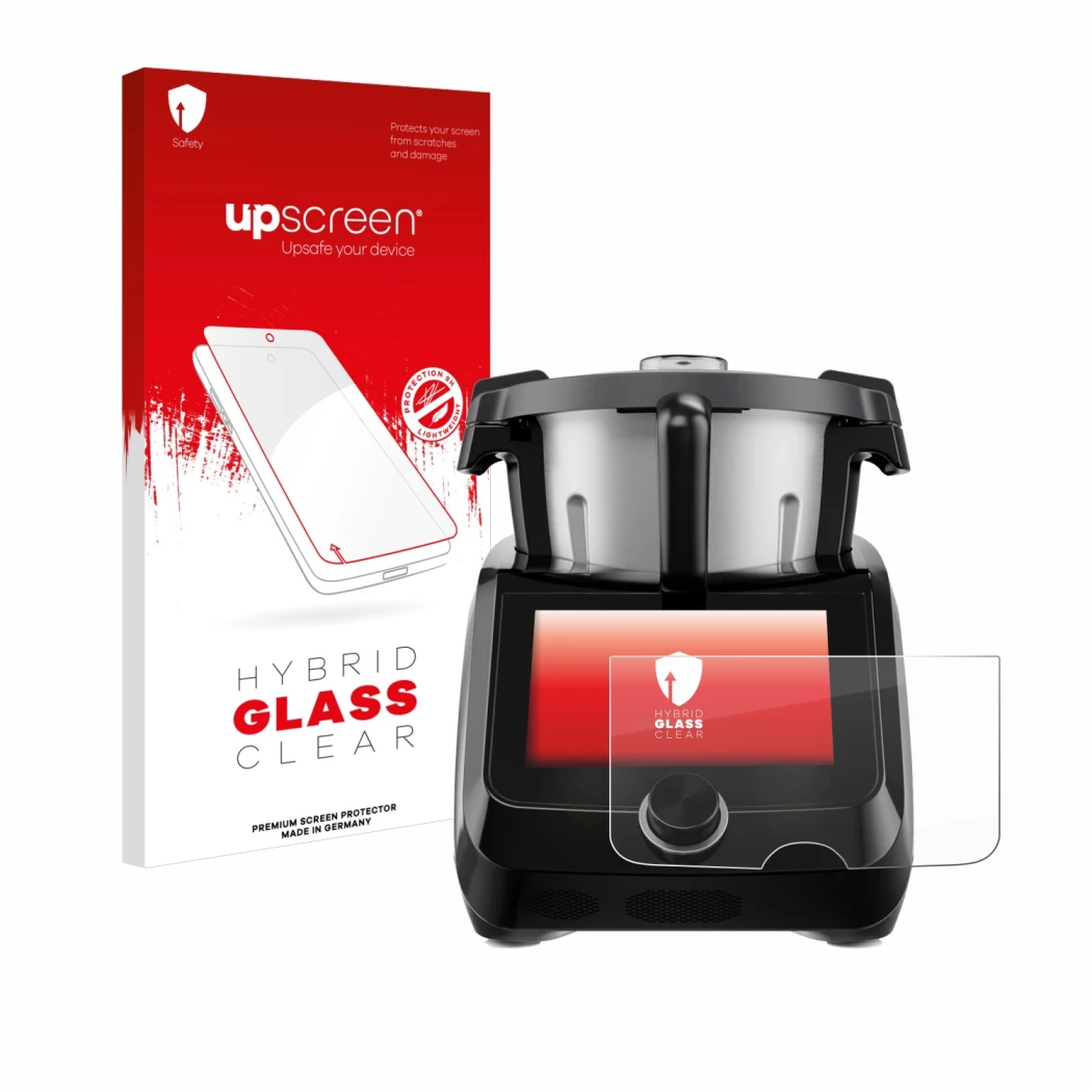 Parte frontal de un envase de producto con el logotipo de la marca upscreen. Al lado se muestra el dispositivo SilverCrest Mon