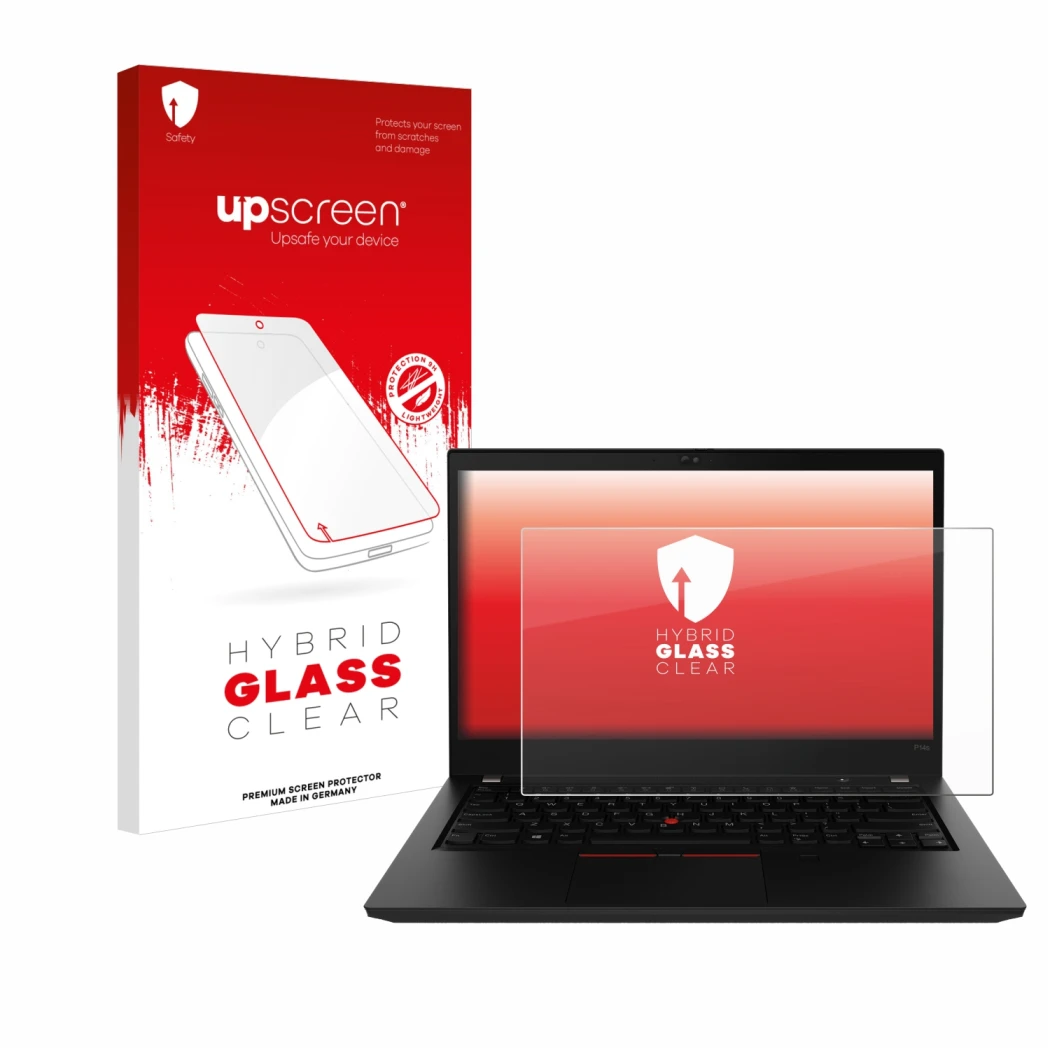 Parte frontal de un envase de producto con el logotipo de la marca upscreen. Al lado se muestra el dispositivo Lenovo ThinkPad