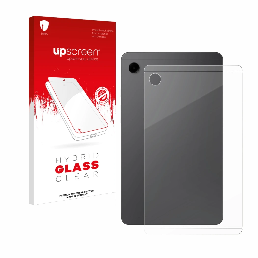 Parte frontal de un envase de producto con el logotipo de la marca upscreen. Al lado se muestra el dispositivo Samsung Galaxy 