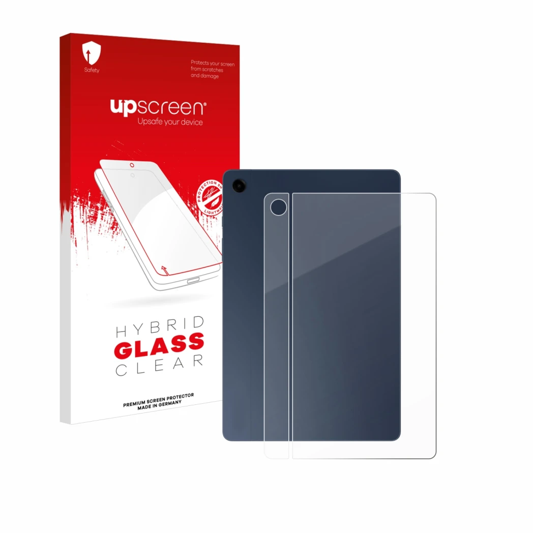 Parte frontal de un envase de producto con el logotipo de la marca upscreen. Al lado se muestra el dispositivo Samsung Galaxy 
