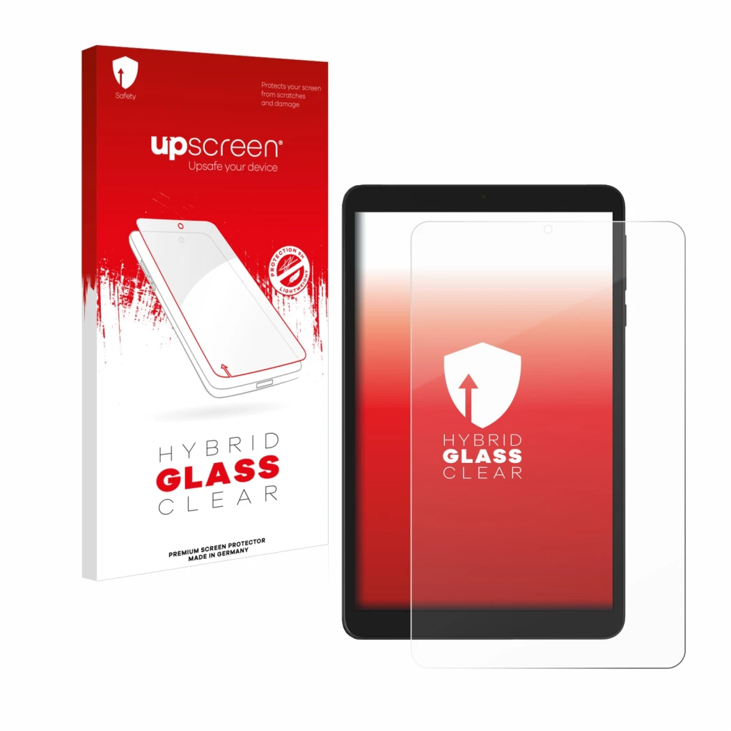 Parte frontal de un envase de producto con el logotipo de la marca upscreen. Al lado se muestra el dispositivo Doogee T20 Mini