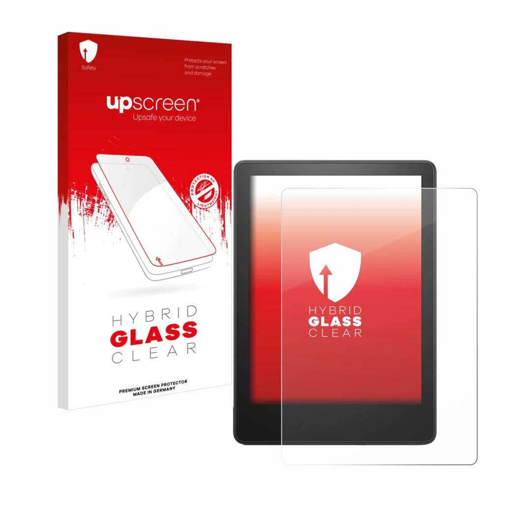 Parte frontal de un envase de producto con el logotipo de la marca upscreen. Al lado se muestra el dispositivo Amazon Kindle P