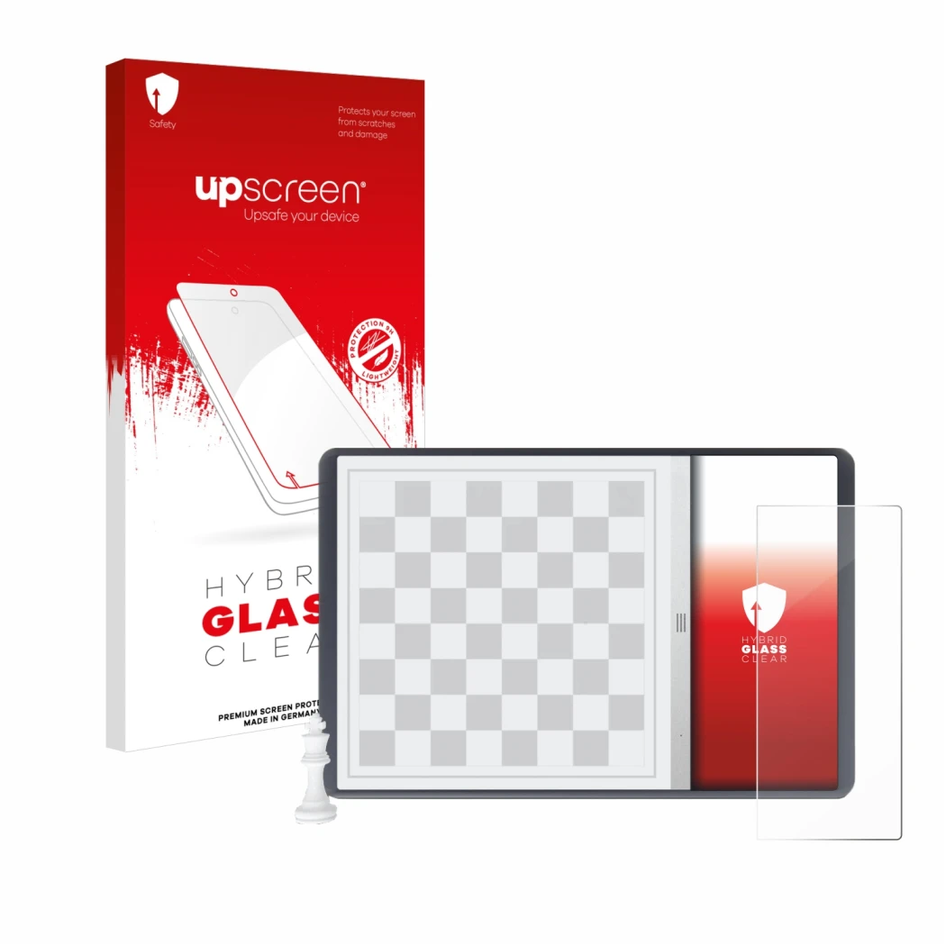 Parte frontal de un envase de producto con el logotipo de la marca upscreen. Al lado se muestra el dispositivo Chessnut Evo co