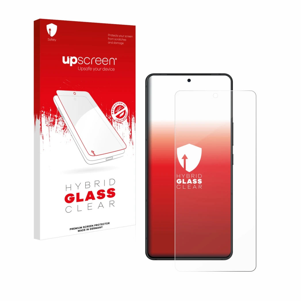 Parte frontal de un envase de producto con el logotipo de la marca upscreen. Al lado se muestra el dispositivo ASUS ROG Phone 