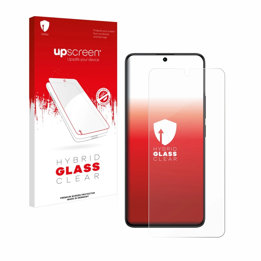 Parte frontal de un envase de producto con el logotipo de la marca upscreen. Al lado se muestra el dispositivo Xiaomi Redmi No