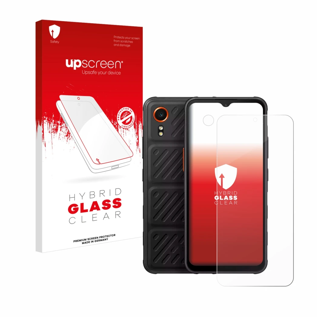 Parte frontal de un envase de producto con el logotipo de la marca upscreen. Al lado se muestra el dispositivo Samsung Galaxy 