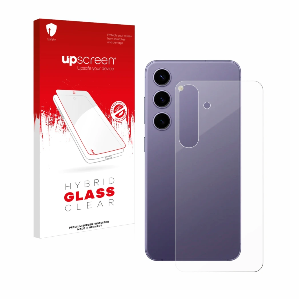 Parte frontal de un envase de producto con el logotipo de la marca upscreen. Al lado se muestra el dispositivo Samsung Galaxy