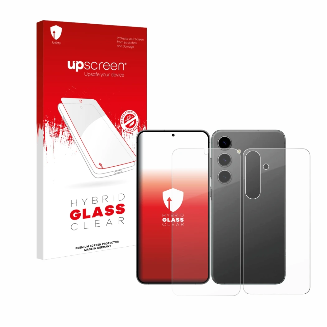 Parte frontal de un envase de producto con el logotipo de la marca upscreen. Al lado se muestra el dispositivo Samsung Galaxy 