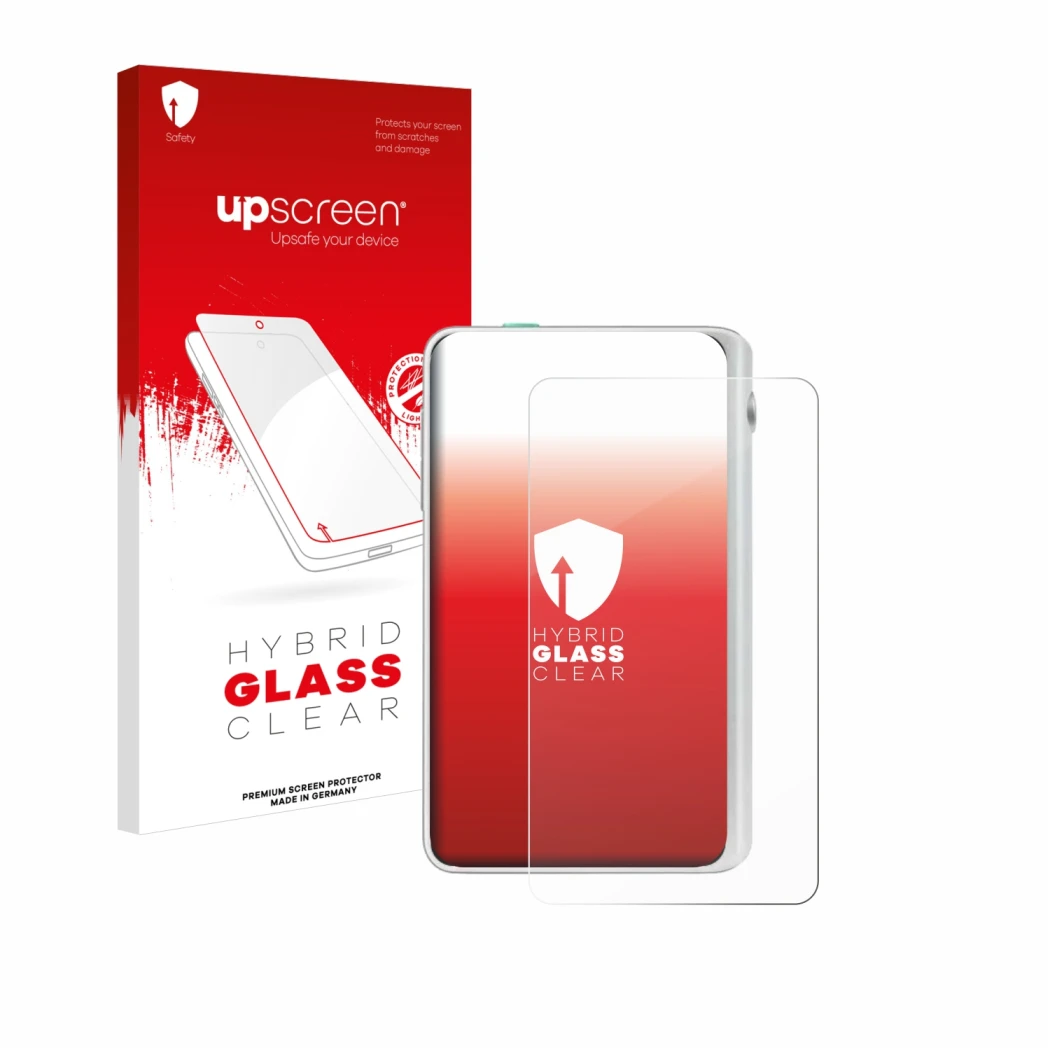 Parte frontal de un envase de producto con el logotipo de la marca upscreen. Al lado se muestra el dispositivo Timekettle Flue