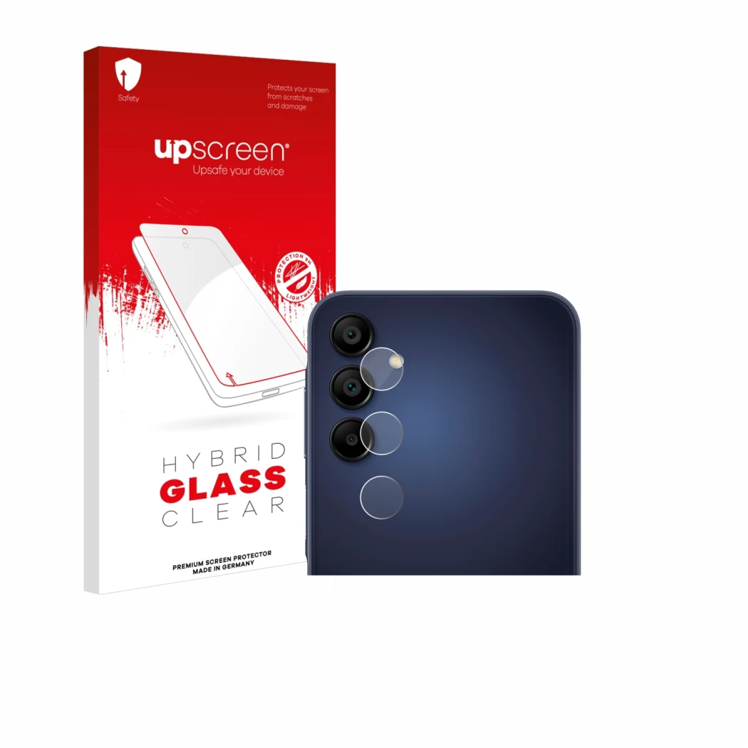 Parte frontal de un envase de producto con el logotipo de la marca upscreen. Al lado se muestra el dispositivo Samsung Galaxy 