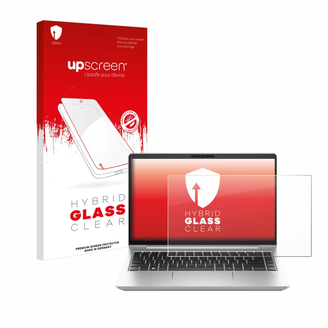 Parte frontal de un envase de producto con el logotipo de la marca upscreen. Al lado se muestra el dispositivo HP ProBook 440 