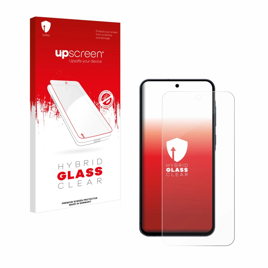 Parte frontal de un envase de producto con el logotipo de la marca upscreen. Al lado se muestra el dispositivo Samsung Galaxy 