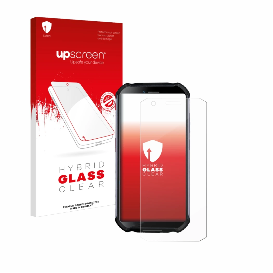 Parte frontal de un envase de producto con el logotipo de la marca upscreen. Al lado se muestra el dispositivo Doogee S41 Plus