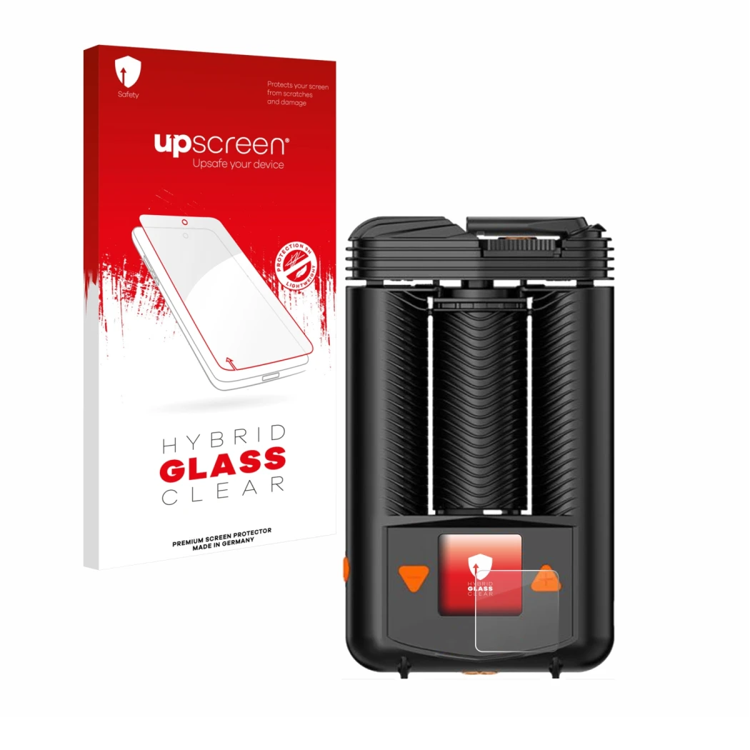 Parte frontal de un envase de producto con el logotipo de la marca upscreen. Al lado se muestra el dispositivo Storz & Bickel 